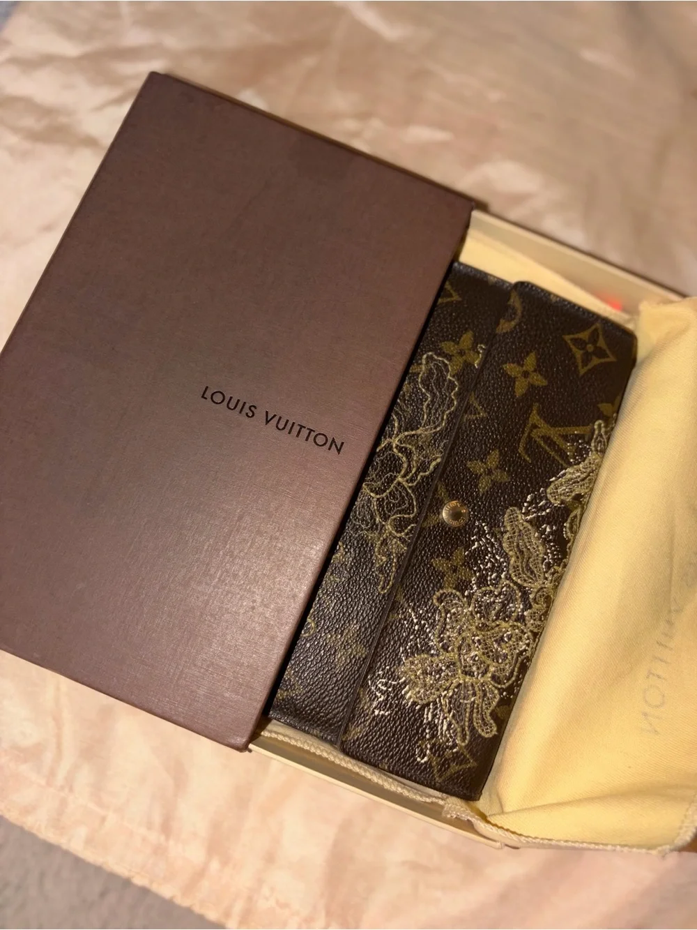 Louis Vuitton Brown Monogram Floral Continental Wallet with Gold Accents